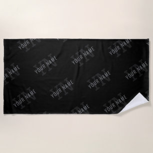 Very Dark Gray & Black Monogram Name Pattern Beach Towel