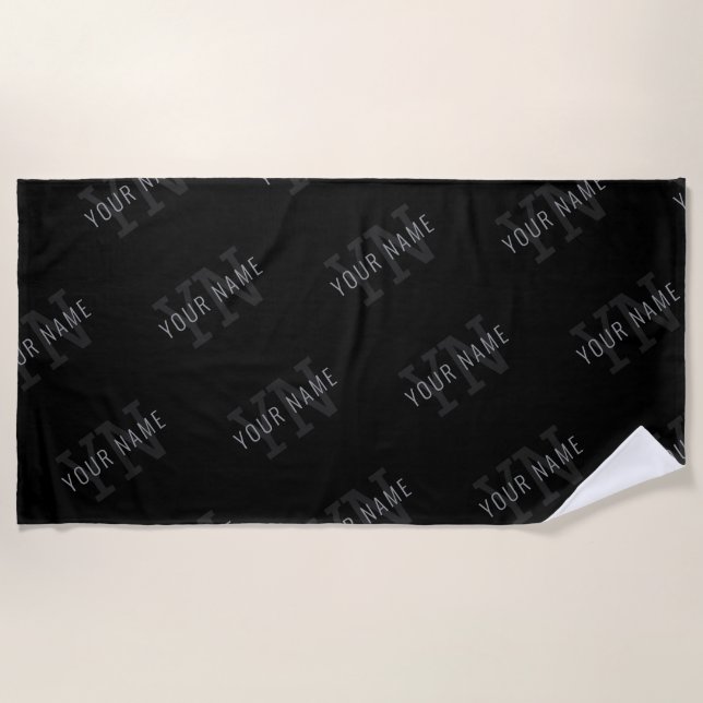 Very Dark Gray & Black Monogram Name Pattern Beach Towel (Front)