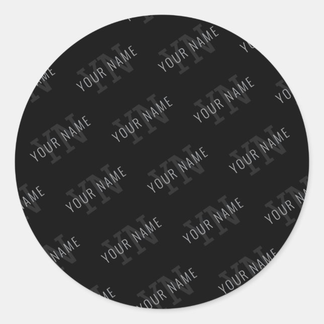 Very Dark Gray & Black Monogram Name Pattern Classic Round Sticker (Front)