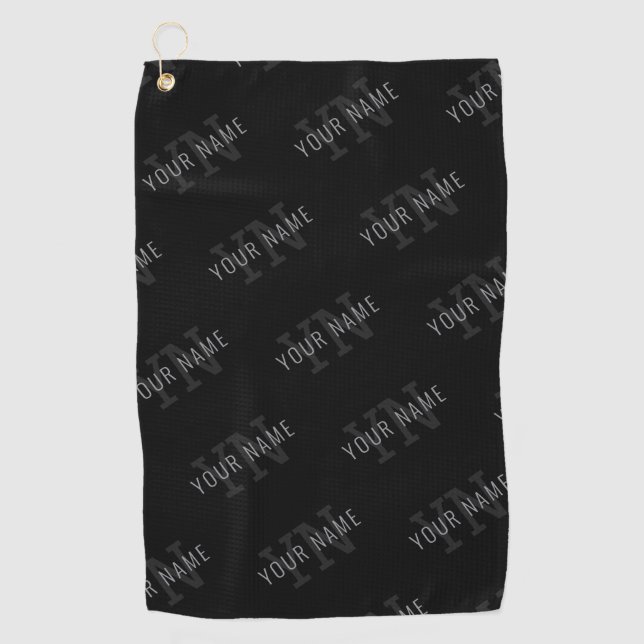 Very Dark Gray & Black Monogram Name Pattern Golf Towel (Front)