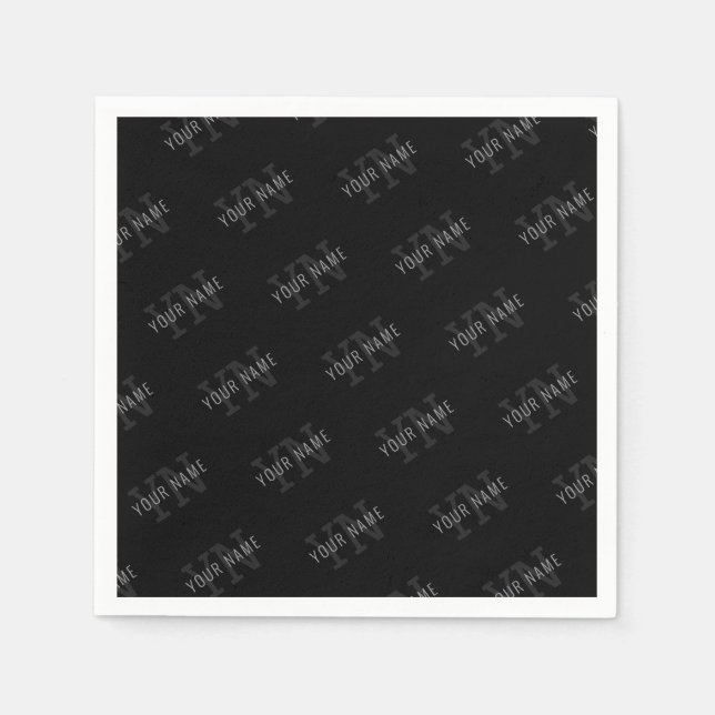 Very Dark Gray & Black Monogram Name Pattern Napkins (Front)