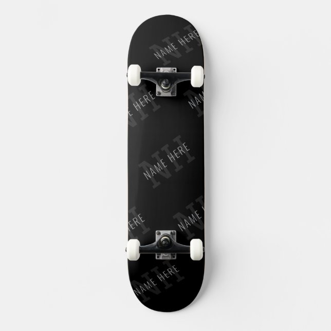Very Dark Gray & Black Monogram Name Pattern Skateboard (Front)