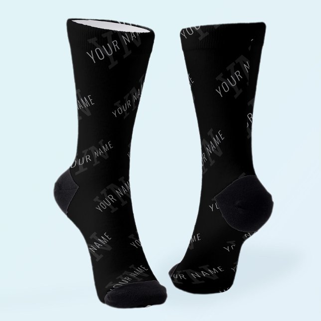 Very Dark Gray & Black Monogram Name Pattern Socks (Creator Uploaded)