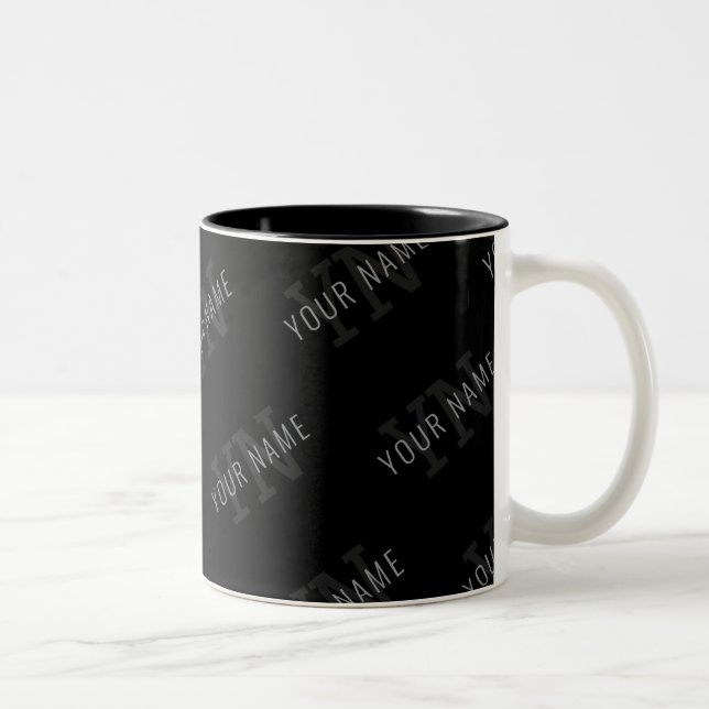 Very Dark Gray & Black Monogram Name Pattern Two-Tone Coffee Mug (Right)