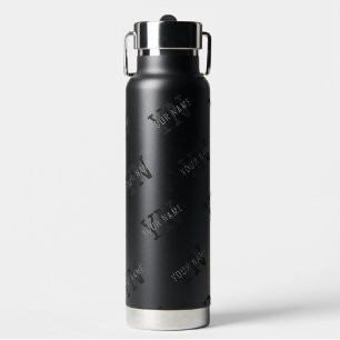 Very Dark Gray & Black Monogram Name Pattern Water Bottle