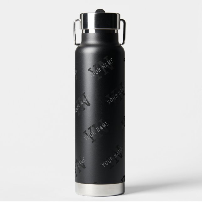 Very Dark Gray & Black Monogram Name Pattern Water Bottle (Front)
