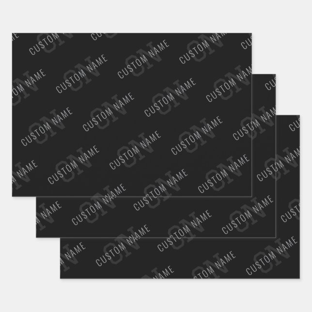 Very Dark Gray & Black Monogram Name Pattern Wrapping Paper Sheets (Set)