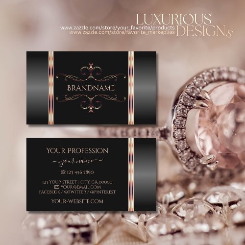 Very Elegant Black and Rose Gold Ornate Ornaments Business Card