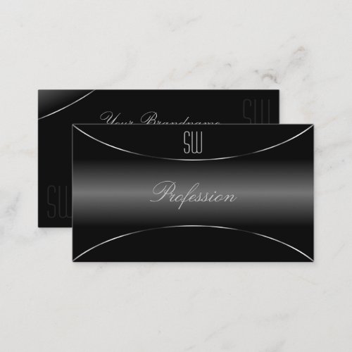 Very Elegant Black with Silver Border and Monogram Business Card