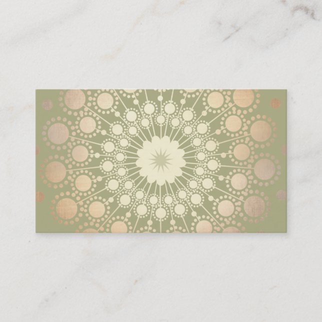 Very Elegant Shiny Gold Ornate Circle Motif Green Business Card (Front)