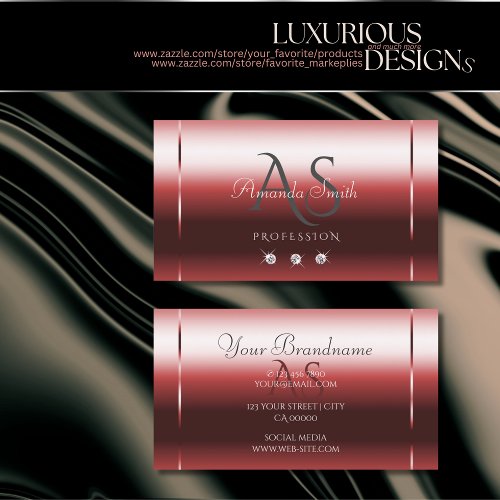 Very Elegant Wine Red Shimmery Diamonds Initials Business Card