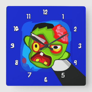 Very Fun Cartoon Zombie w/Pencil Through the Eye Square Wall Clock
