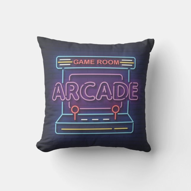 Very Fun Classic Arcade Game Room w/Joystick Neon Throw Pillow (Front)