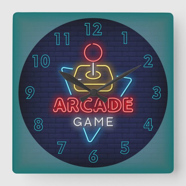 Very Fun Classic Arcade Game w/Joystick Neon Squar Square Wall Clock (Front)