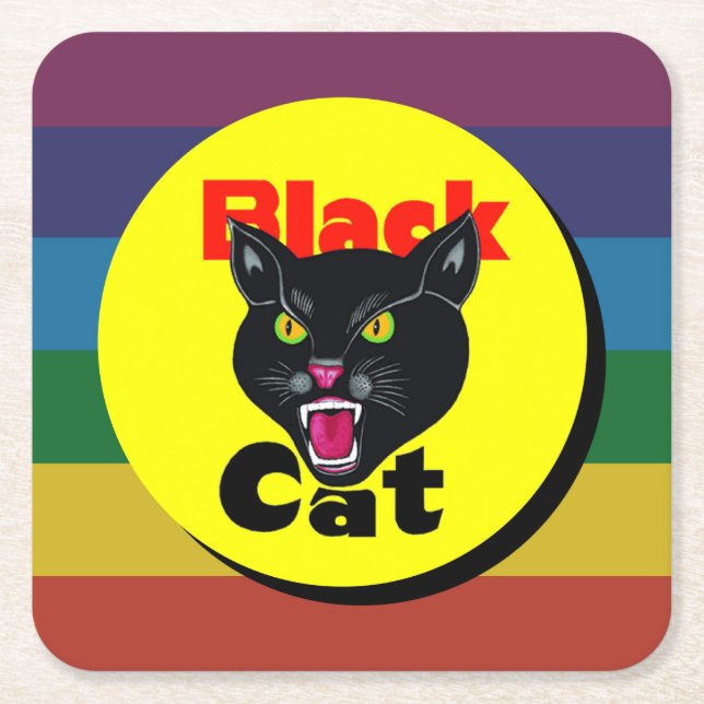 Very Fun & Colorful Black Cat Square Paper Coaster (Front)