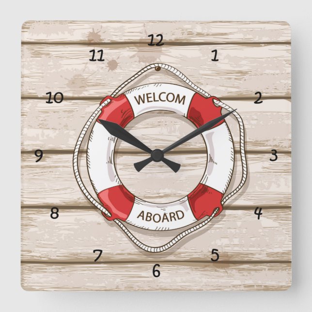 Very Fun Simulated Wood Plank w/Life Preserver Square Wall Clock (Front)