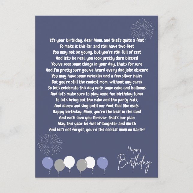 Very Funny Poem for Birthday Mom Postcard (Front)