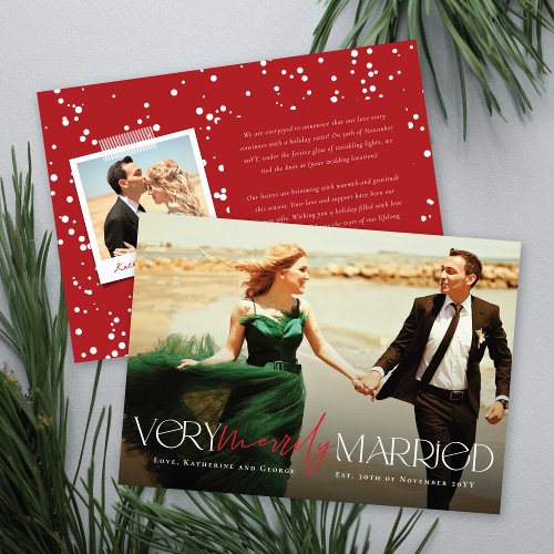 Very Merrily Married Mr  Mrs Modern Photo Wedding Holiday Card