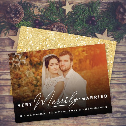 Very Merrily Married Typography Photo Wedding Holiday Card