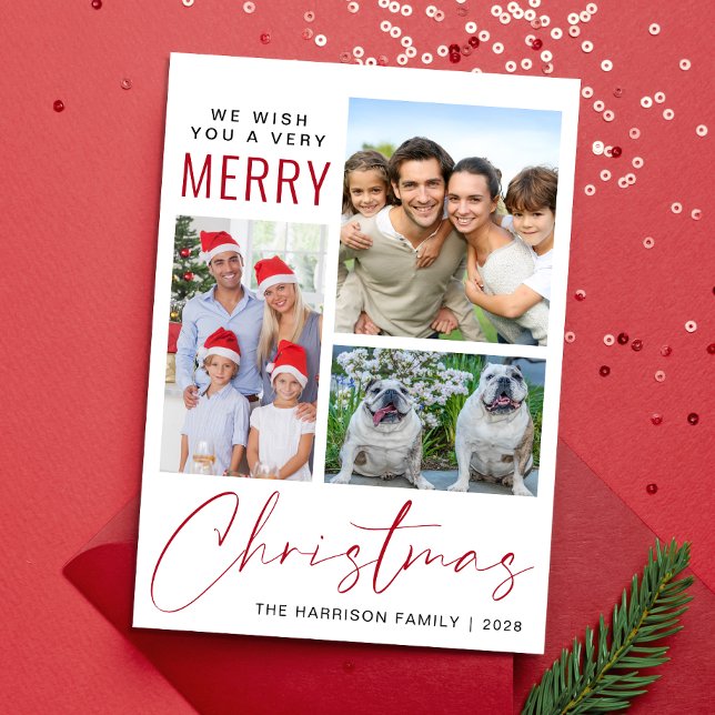 Very Merry 3 Photo Christmas Holiday Card (This holiday season, let your family's smiles and heartwarming memories shine on our 3 photo card)
