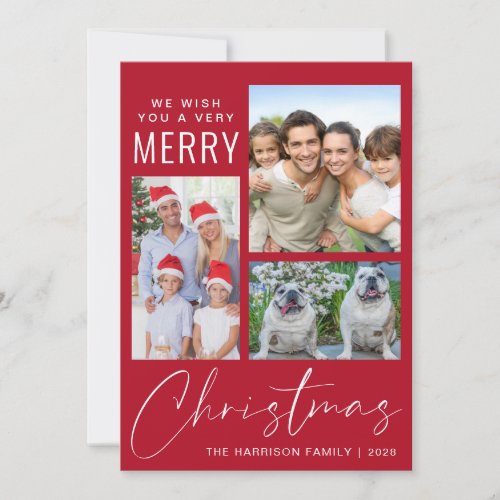 Very Merry 3 Photo Red Christmas  Holiday Card