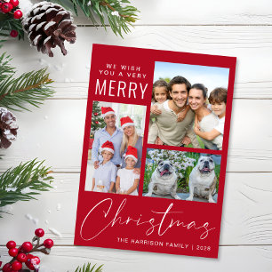 Very Merry 3 Photo Red Christmas Holiday Card