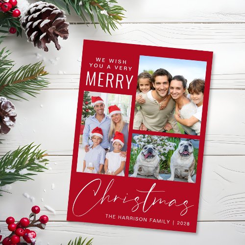 Very Merry 3 Photo Red Christmas  Holiday Card