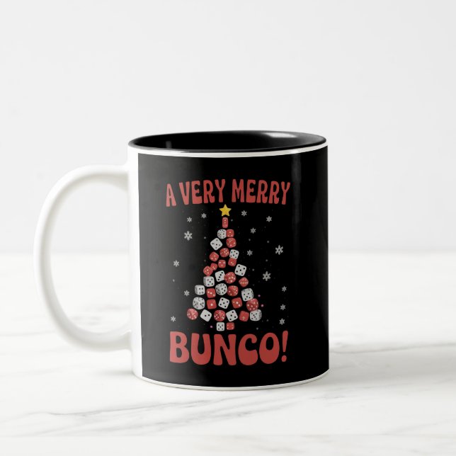 Very Merry Bunco Christmas Tree Dice Game Night Two-Tone Coffee Mug (Left)
