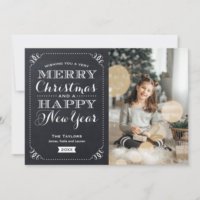 Very Merry Christmas Chalkboard Holiday Photo Card (Front)