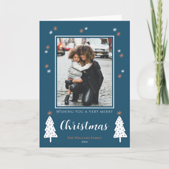 Very Merry Christmas Doodle Trees Modern Photo  Holiday Card (Front)