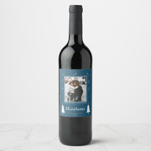 Very Merry Christmas Doodle Trees Modern Photo  Wine Label (Front)