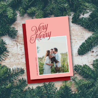 Very Merry Christmas Elegant Script One Photo Pink Holiday Card