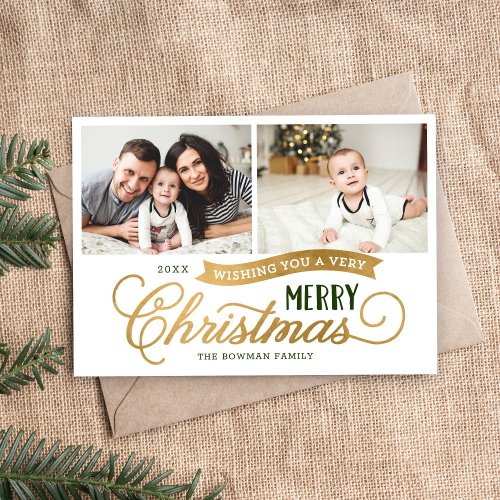 Very Merry Christmas Gold 2 Photo Holiday Card