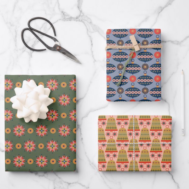 Very Merry Christmas Mid-Century Patterns Wrapping Paper Sheets (Front)