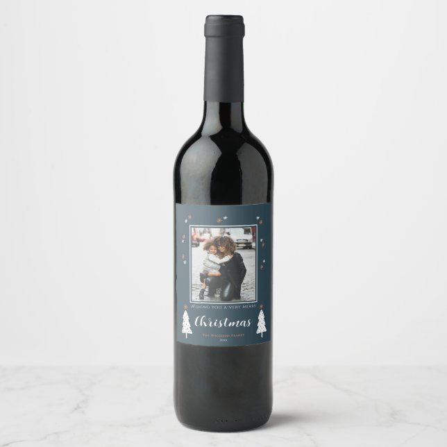 Very Merry Christmas Modern Doodle Trees Photo Wine Label (Front)
