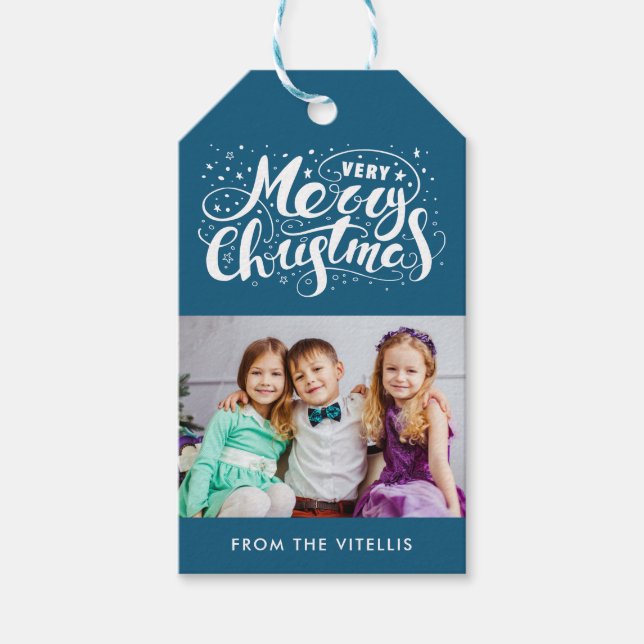 Very Merry Christmas Photo Gift Tags | Blue (Front)
