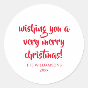 Very Merry Christmas Red Brush Script Family Name Classic Round Sticker