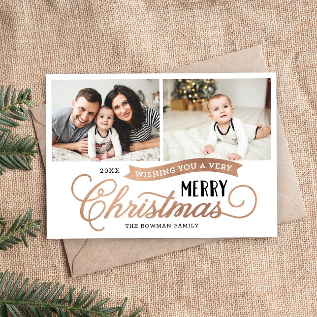 Very Merry Christmas Rose Gold 2 Photo Holiday Card (Creator Uploaded)