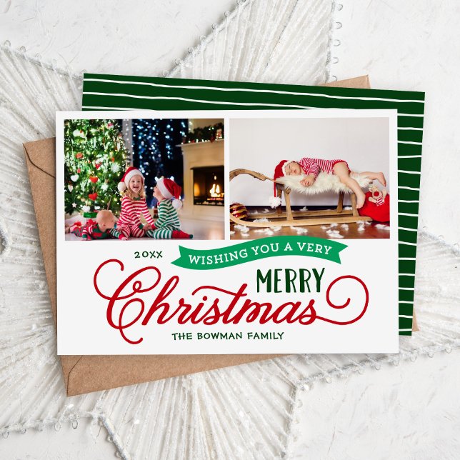Very Merry Christmas Script 2 Photo Holiday Card (Creator Uploaded)