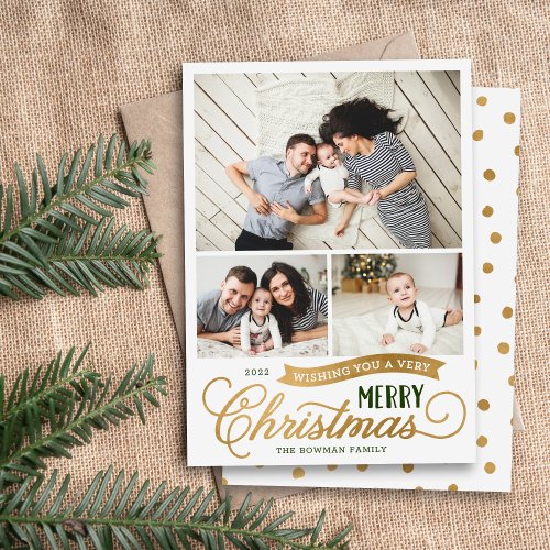 Very Merry Christmas Script 3 Photo Holiday Card