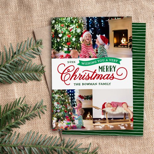 Very Merry Christmas Script 3 Photo Holiday Card