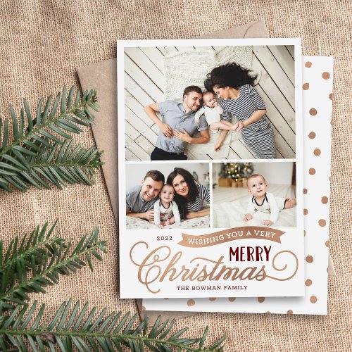 Very Merry Christmas Script 3 Photo Holiday Card