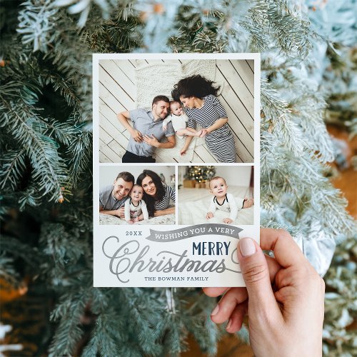 Very Merry Christmas Script 3 Photo Holiday Card