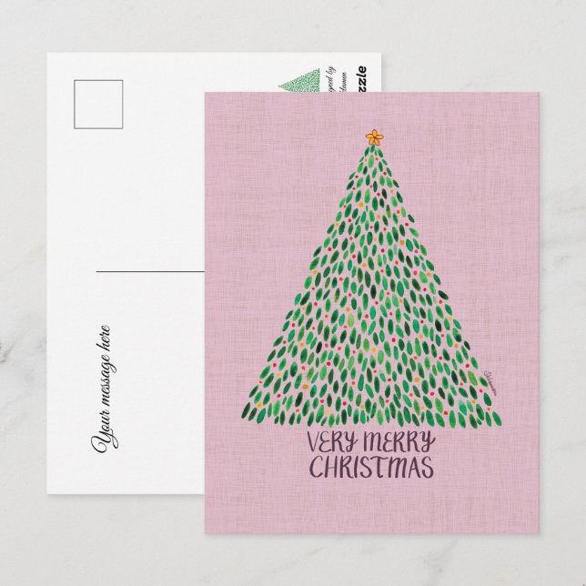 Very Merry Christmas Tree on Pink Postcard (Front/Back)