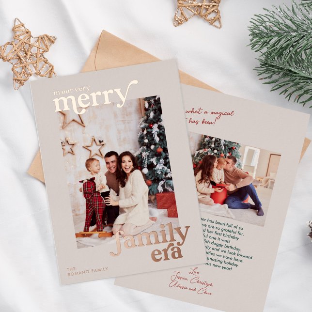 Very Merry Family Era Retro Photo Foil Holiday Card (Creator Uploaded)