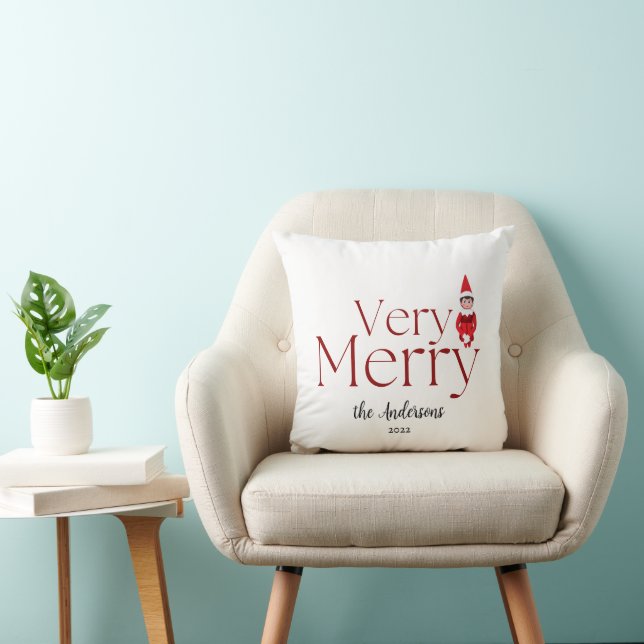 very merry fun elf bright family christmas photo throw pillow (Chair)