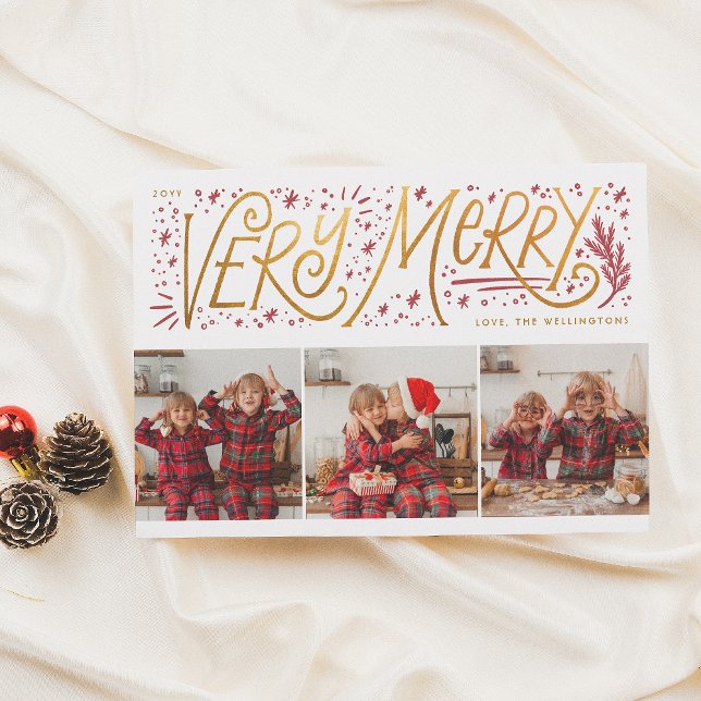 Very Merry | Gold Hand Lettering 3 Photo Christmas Holiday Card (Creator Uploaded)
