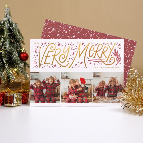 Very Merry  Gold Hand Lettering 3 Photo Christmas Holiday Card