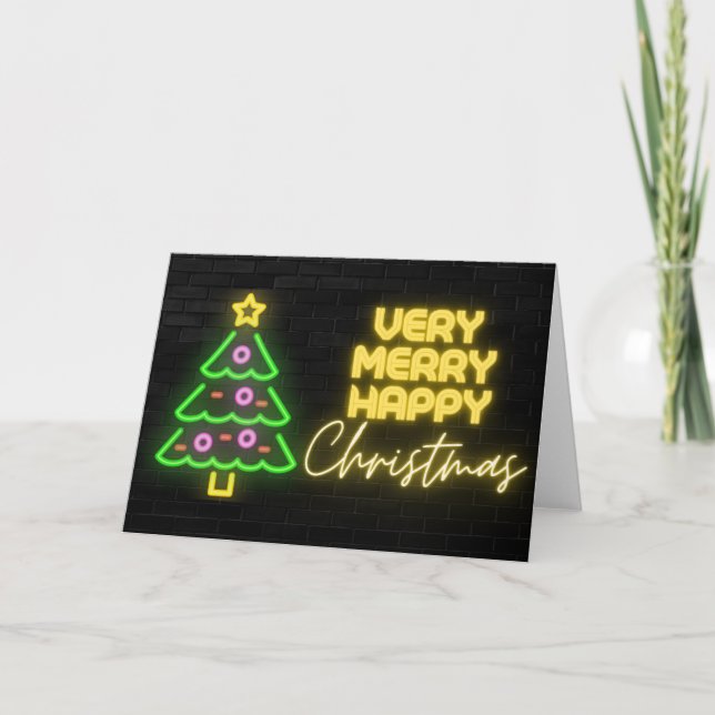 Very Merry Happy Christmas Neon Sign Black Brick  Holiday Card (Front)