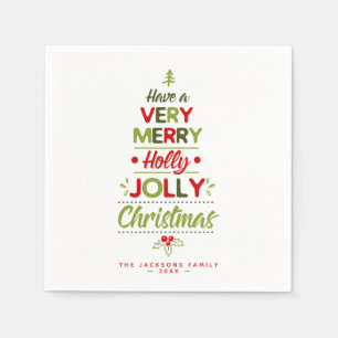 Very Merry Holly Jolly Christmas Tree Custom Name Napkins